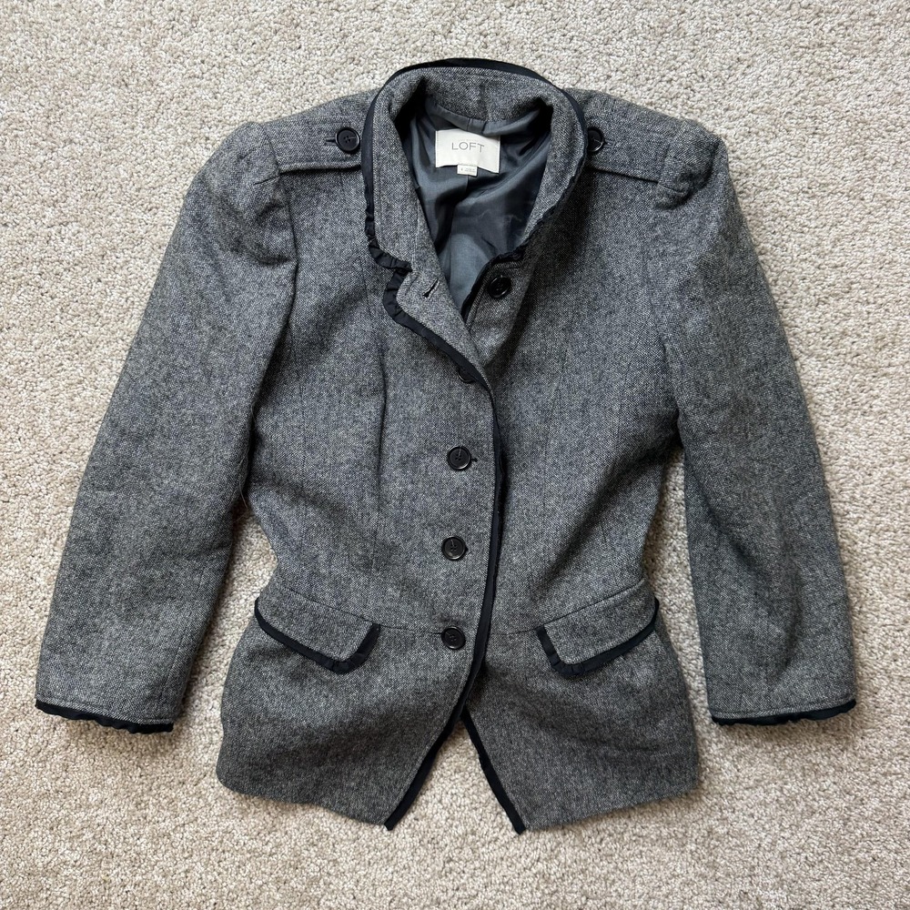 Ann Taylor LOFT Blazer Jacket Womens 4 Gray Herringbone Wool Blend Belted Office